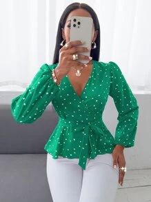 SHEIN SXY 隨機愛心圖案交疊領腰帶襯衫 - 綠色 - 查看 3