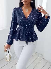SHEIN SXY Random Heart Print Surplice Neck Belted Blouse Women Shirt - Navy Blue - View 4
