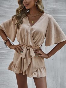 Mono de manga mariposa bajo con fruncido con cinturón - Caqui - Ver 5