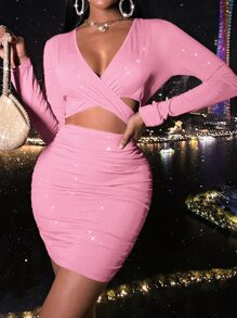 SHEIN SXY 深V領前鏤空緊身連衣裙 - 淺粉色 - 查看 4