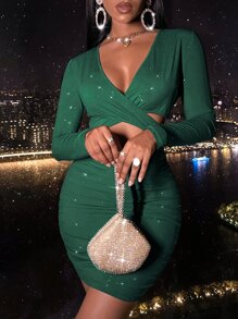 Plunge Neck Cut Out Front Bodycon Dress - Dark Green - View 5