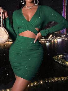 Plunge Neck Cut Out Front Bodycon Dress - Dark Green - View 6
