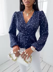 SHEIN SXY Random Heart Print Surplice Neck Belted Blouse Women Shirt - Navy Blue - View 6