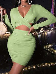 Plunge Neck Cut Out Front Bodycon Dress - Lime Green - View 6