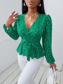 SHEIN SXY 隨機愛心圖案交疊領腰帶襯衫 - 綠色 - 查看 4