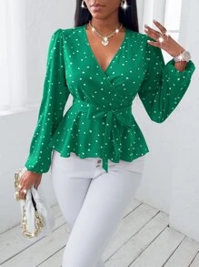 SHEIN SXY 隨機愛心圖案交疊領腰帶襯衫 - 綠色 - 查看 5