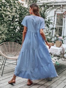 SHEIN LUNE Vestido smock de manga murciélago fruncido bajo asimétrico - Azul - Ver 2