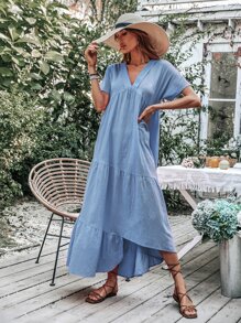 SHEIN LUNE Vestido smock de manga murciélago fruncido bajo asimétrico - Azul - Ver 5