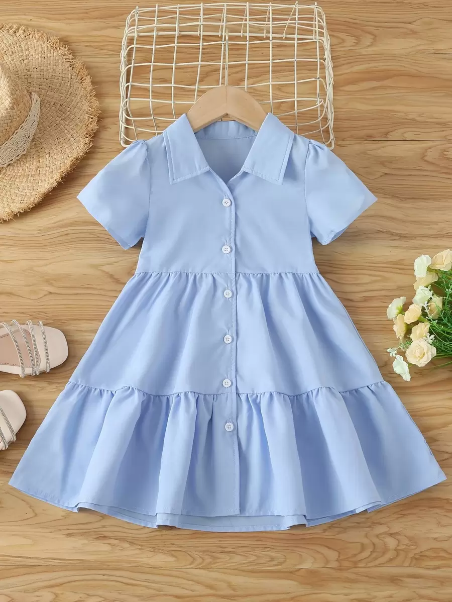 SHEIN Young Girl Ruffle Hem Shirt Dress - Baby Blue - View 1
