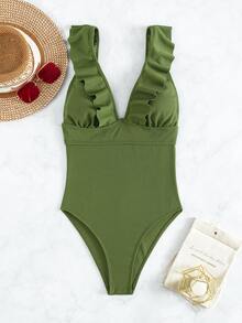 Đồ bơi một mảnh viền bèo nhún, cho kỳ nghỉ hè ở bãi biển - xanh quân đội - Xem 3