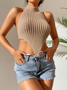 Zolique Backless Lettuce Trim Halter Knit Top - Khaki - View 5