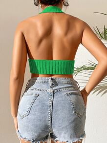 SHEIN Allurite Backless Lettuce Trim Halter Knit Top - Green - View 2