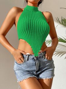 SHEIN Allurite Backless Lettuce Trim Halter Knit Top - Green - View 4