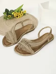 Women Fringe Decor Slingback Flat Sandals, Fashion Summer Flat Sandals - Apricot - View 1