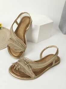 Women Fringe Decor Slingback Flat Sandals, Fashion Summer Flat Sandals - Apricot - View 2