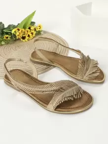 Women Fringe Decor Slingback Flat Sandals, Fashion Summer Flat Sandals - Apricot - View 3