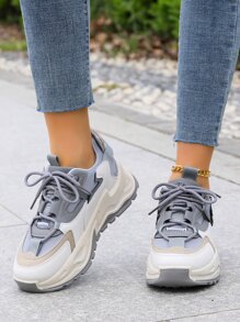 字母圖案拼接網紗前綁帶老爹鞋 - 灰色 - 查看 1