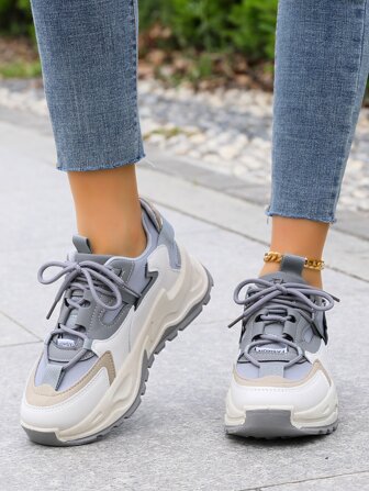 字母圖案拼接網紗前綁帶老爹鞋