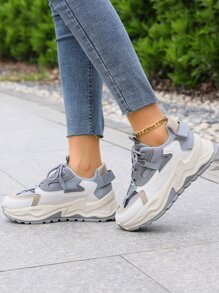 字母圖案拼接網紗前綁帶老爹鞋 - 灰色 - 查看 2