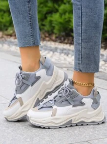 字母圖案拼接網紗前綁帶老爹鞋 - 灰色 - 查看 5