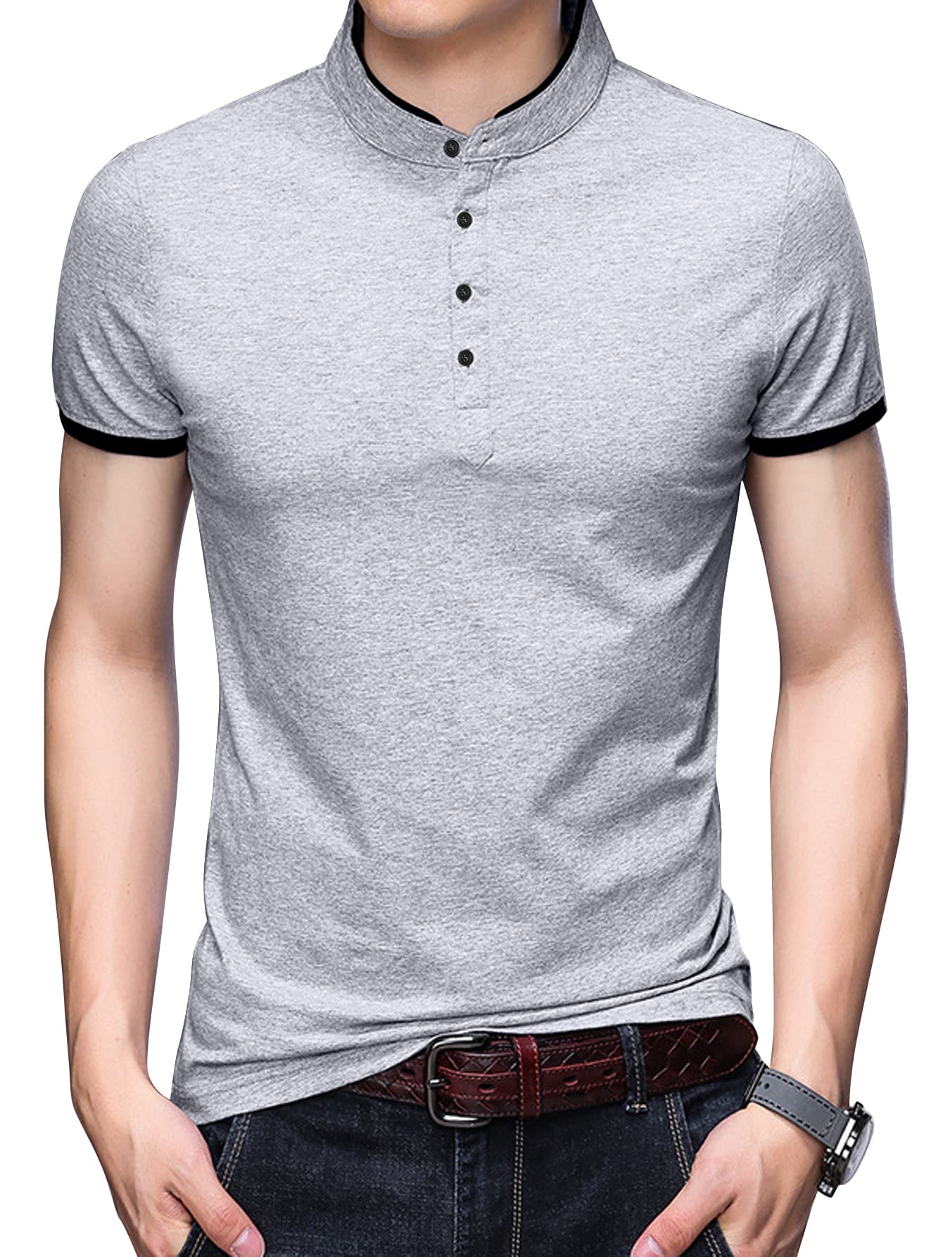 男士四分之一按鈕拼接邊POLO衫 - 淺灰色 - 查看 1