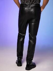 FeverCity Men Slant Pocket PU Leather Trousers - Black - View 3