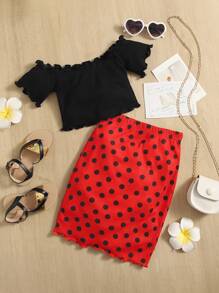 SHEIN Bộ thời trang bé gái Xù nhỏ Chấm bi Ăn mặc đẹp - Nhiều màu - Xem 1