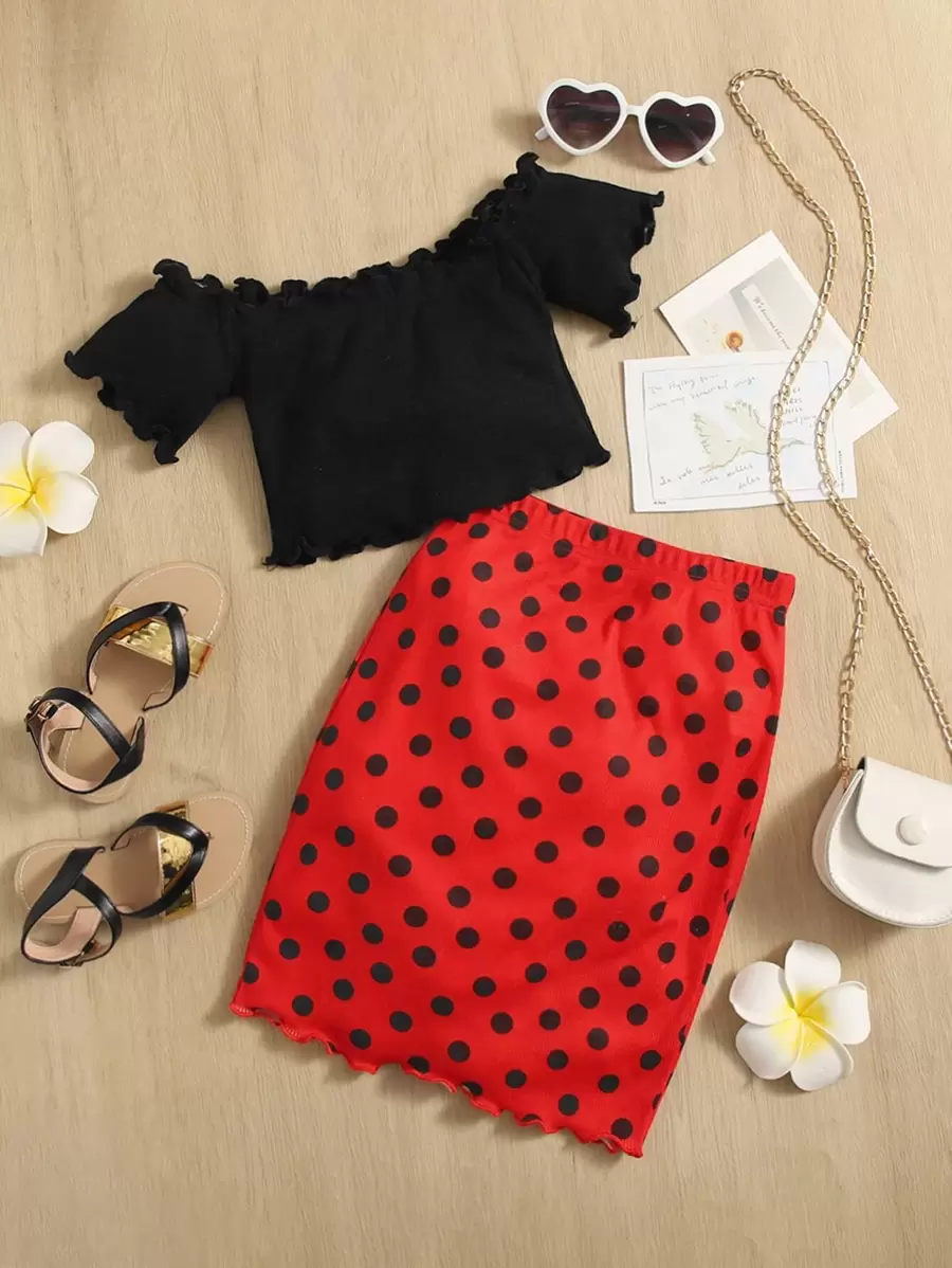 SHEIN Bộ thời trang bé gái Xù nhỏ Chấm bi Ăn mặc đẹp - Nhiều màu - Xem 1