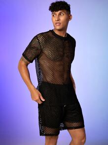 Manfinity Hombres Shorts con top transparente de malla - Negro - Ver 2