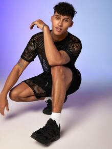 Manfinity Hombres Shorts con top transparente de malla - Negro - Ver 4
