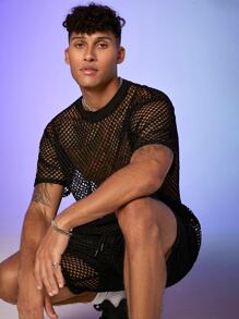 Manfinity Hombres Shorts con top transparente de malla - Negro - Ver 6