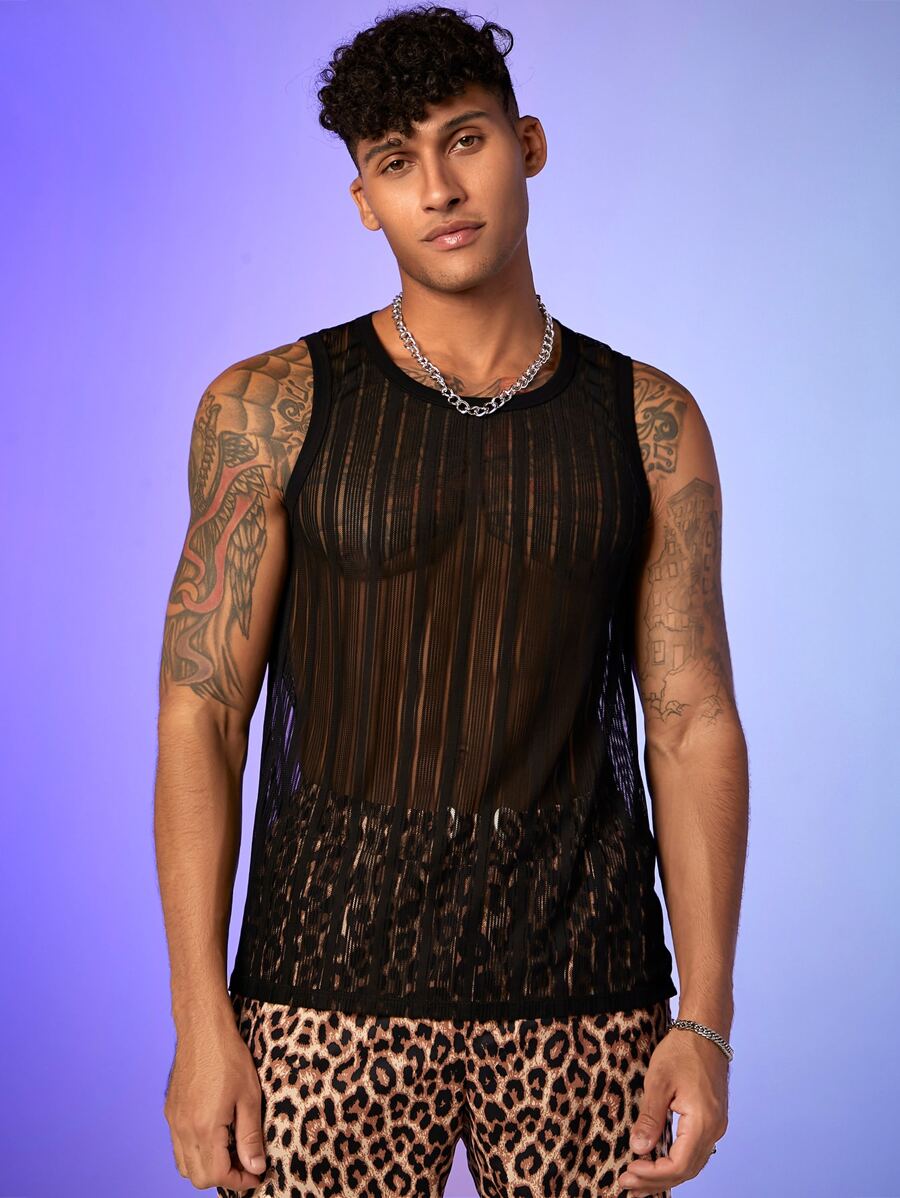 FeverCity Men Striped Print Mesh Tank Top - Black - View 1
