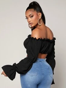 SHEIN BAE 收褶袖前繫帶褶邊上衣 - 黑色 - 查看 3