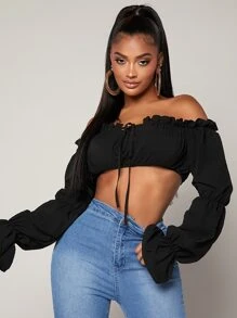 SHEIN BAE 收褶袖前繫帶褶邊上衣 - 黑色 - 查看 6
