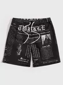 Manfinity VCAY Men Drawstring Waist Slogan Graphic Shorts Pattern I My Boyfriend