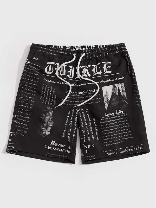 Manfinity VCAY Men Drawstring Waist Slogan Graphic Shorts Pattern I My Boyfriend