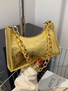 全新时尚纯色 PU 皮革腋下链条鳄鱼压纹法棍包 - 金色 - 查看 3