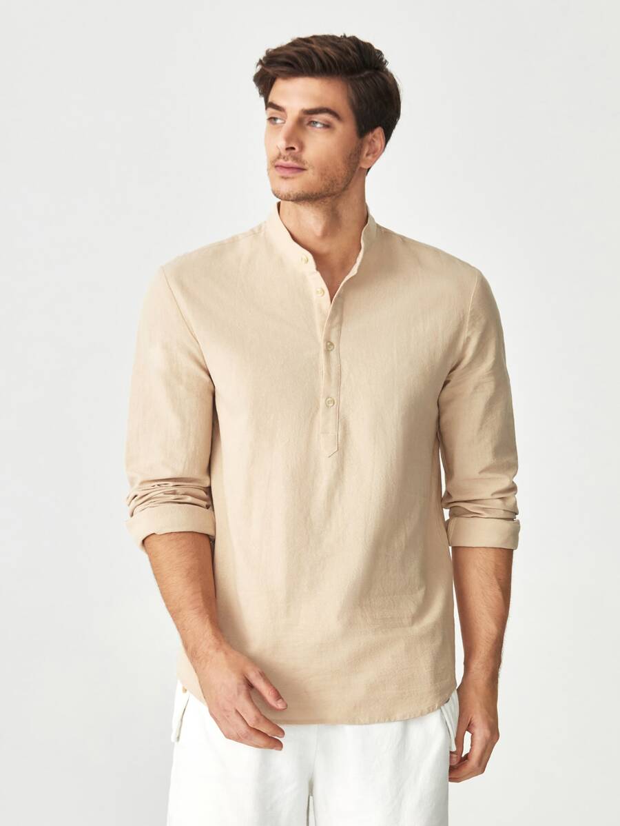 Manfinity VCAY Loose Fit Men's Cotton Solid Half Button Shirt - Khaki - View 1