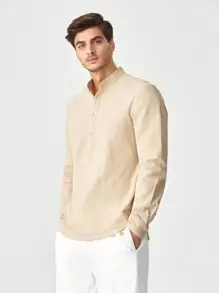 Manfinity VCAY Loose Fit Men's Cotton Solid Half Button Shirt - Khaki - View 3