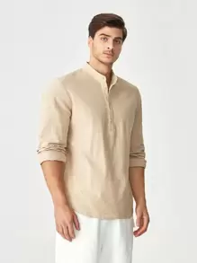 Manfinity VCAY Loose Fit Men's Cotton Solid Half Button Shirt - Khaki - View 4