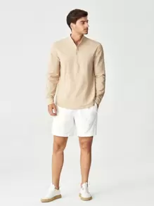 Manfinity VCAY Loose Fit Men's Cotton Solid Half Button Shirt - Khaki - View 5