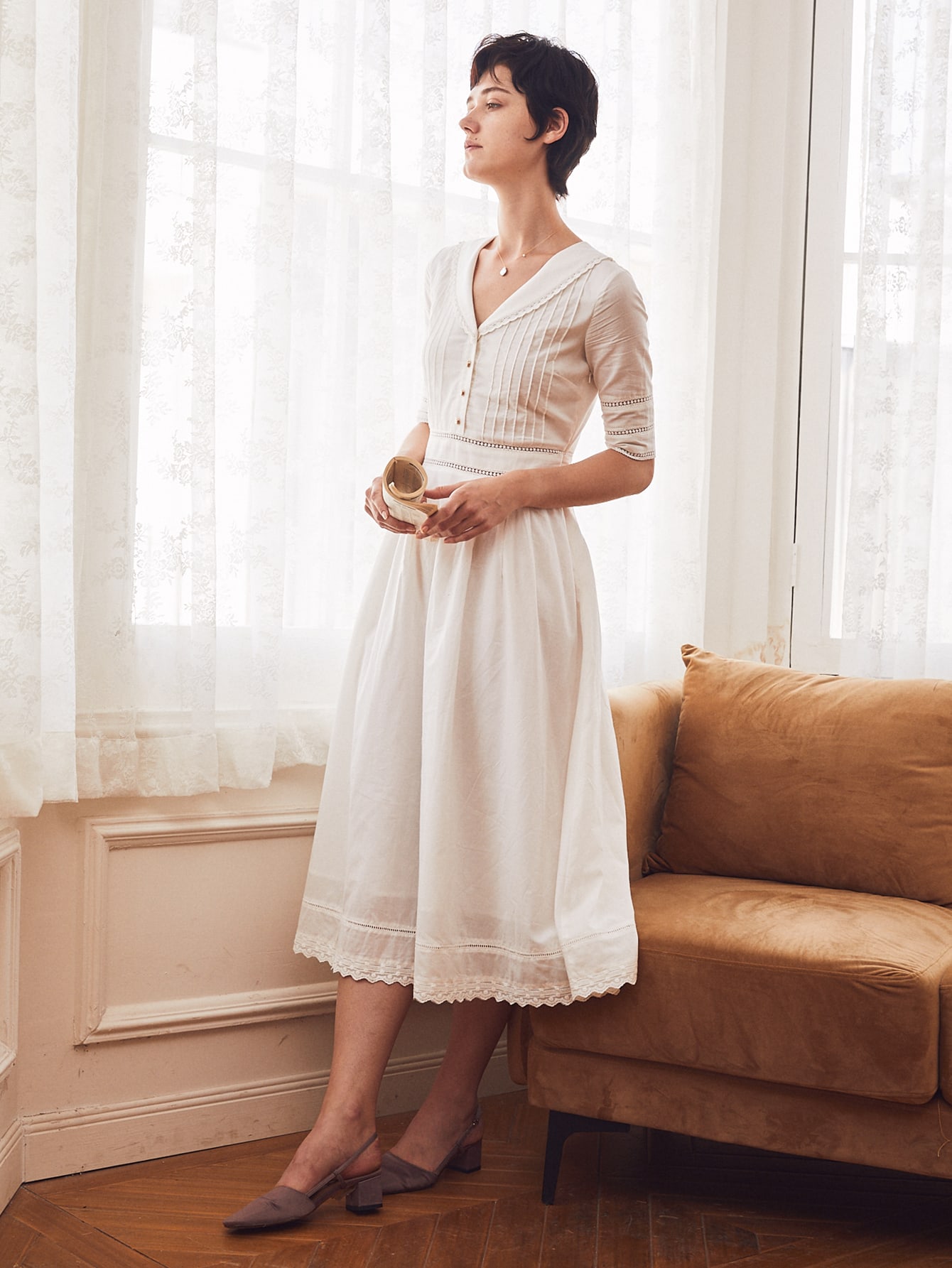 Simple Retro Guipure Lace Panel Sailor Collar Aline Dress for Sale