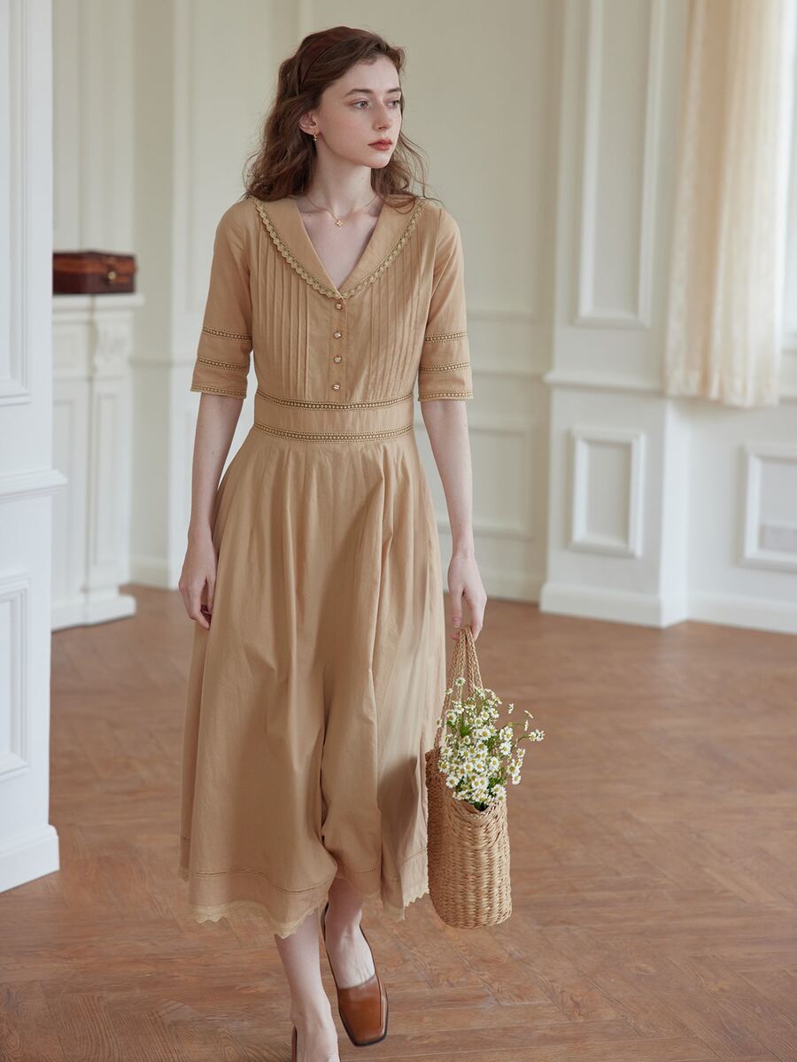 Simple Retro Đầm Tương phản ren Nút phía trước màu trơn Thanh lịch - Màu Khaki - Xem 1