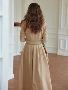 Simple Retro Đầm Tương phản ren Nút phía trước màu trơn Thanh lịch - Màu Khaki - Xem 2