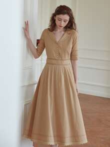 Simple Retro Đầm Tương phản ren Nút phía trước màu trơn Thanh lịch - Màu Khaki - Xem 3