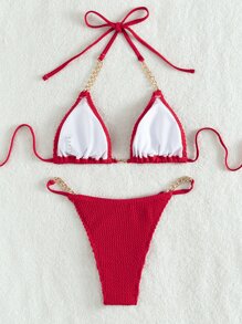 SHEIN Swim 2025 简约纯色链饰比基尼泳装夏季 - 紅色 - 查看 2