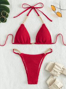 SHEIN Swim 2025 简约纯色链饰比基尼泳装夏季 - 紅色 - 查看 4