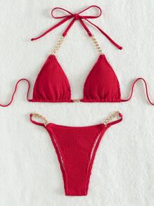 SHEIN Swim 2025 简约纯色链饰比基尼泳装夏季 - 紅色 - 查看 5