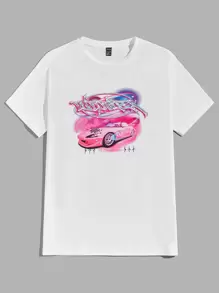 Manfinity VCAY Camisetas para hombre con cuello redondo ajustado, manga corta, gráfico, carreras Y2K, hechas de poliéster para el verano - Blanco - Ver 1