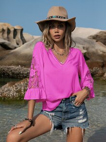 Rusttydustty Áo sơ mi nữ cổ chữ V màu xanh lá cây, tay 7 điểm, phong cách Boho, trang phục bãi biển Phục sinh, lễ hội âm nhạc Hawaii, kỳ nghỉ nhiệt đới - Màu Hồng Tươi - Xem 5